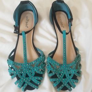 Bamboo| Black and Teal Flats w/ankle strap